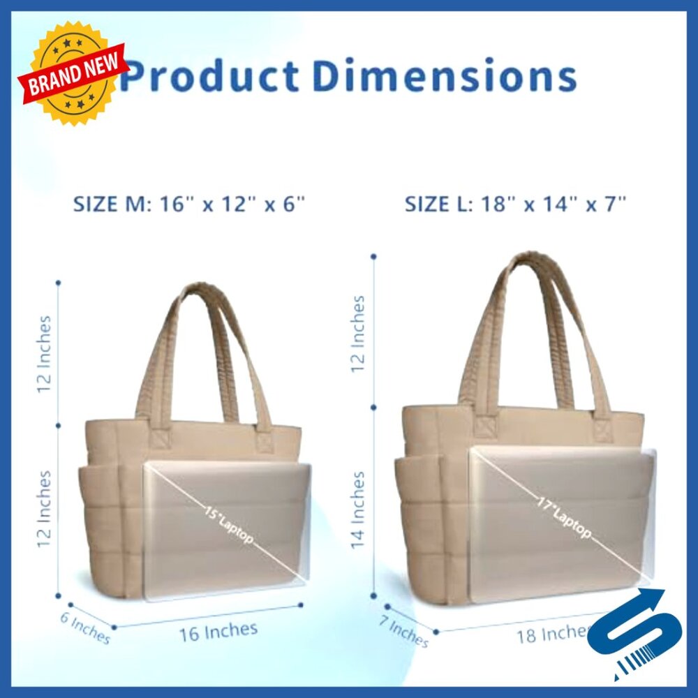 Lightweight Puffer Tote Bag with 9 Pockets, Laptop Sleeve, 30L Capacity - Picture 5 of 7